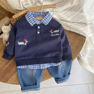 2025春秋新款学院风腊肠狗刺绣polo领假两件卫衣男童套装