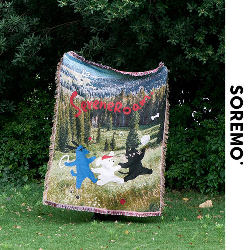 SOREMO 悠然漫步装饰毯小狗毛毯艺术挂毯重工色织沙发毯复古盖毯