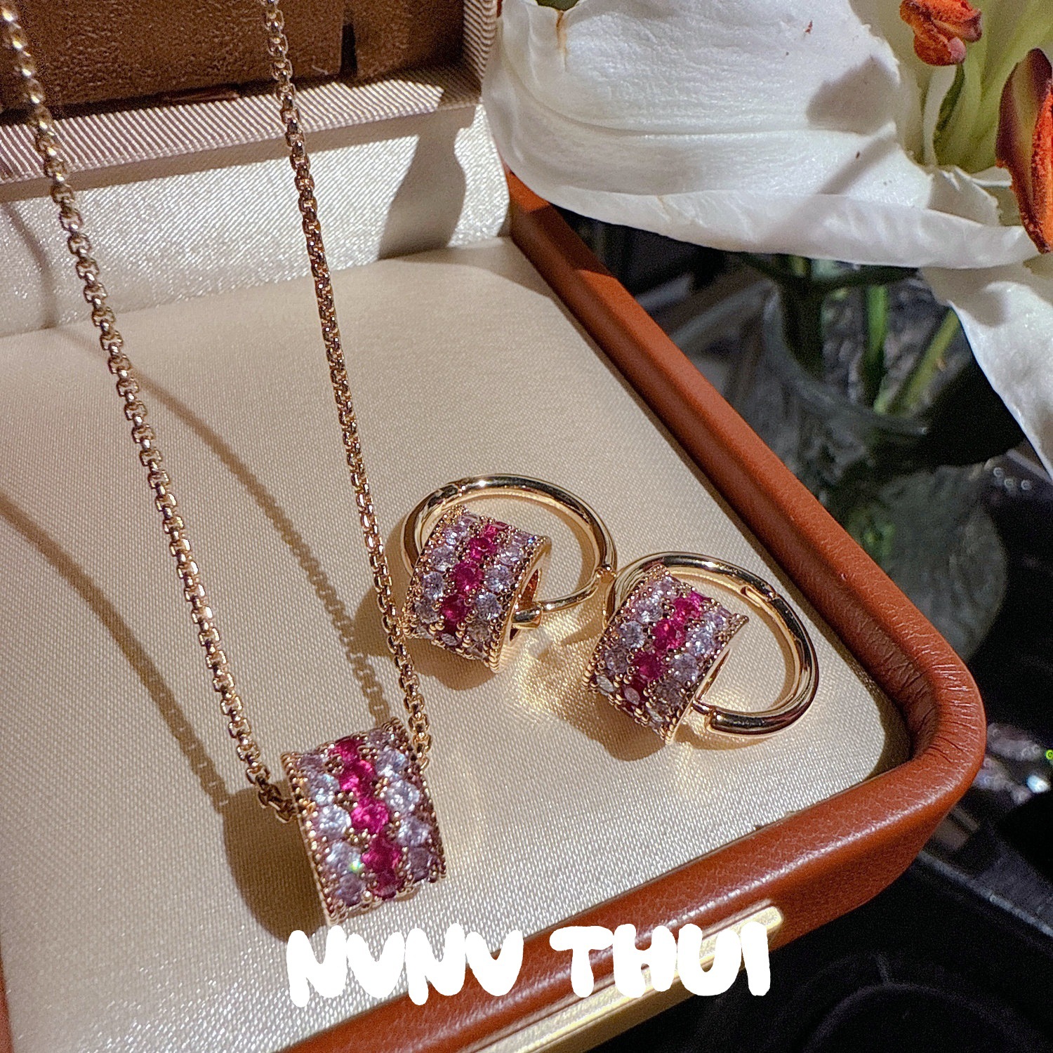 珠宝 点钻蔷薇花窗红宝满天星路路通项链 新中式 老钱风排钻耳环