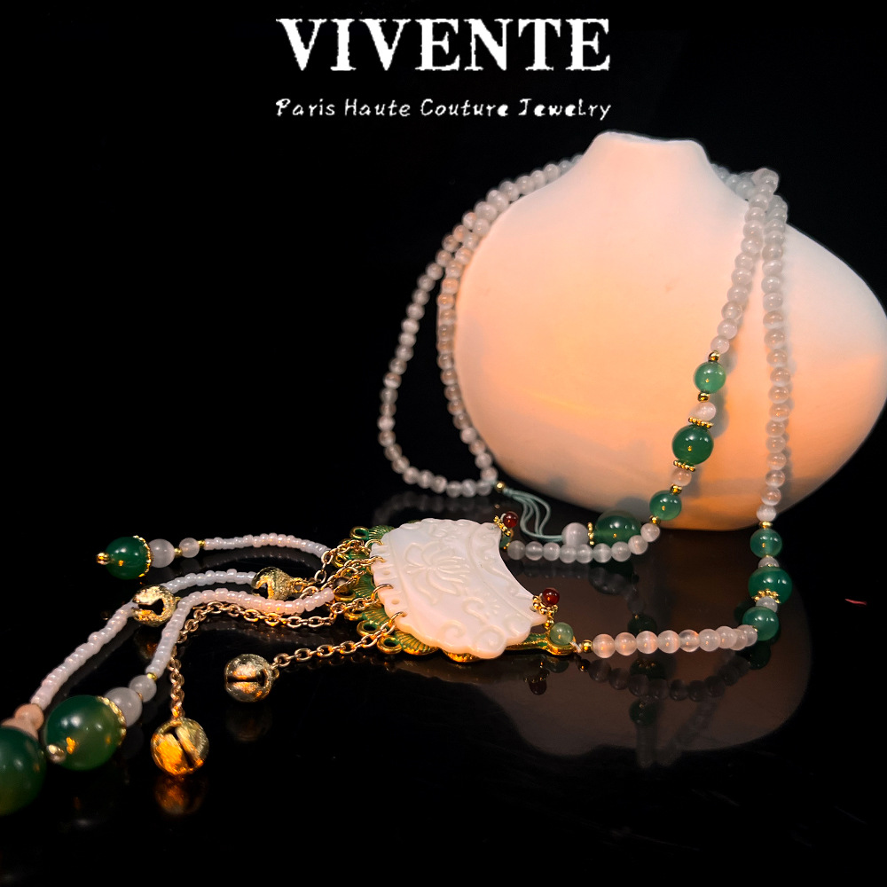 原创马面裙天然贝壳猫眼石手工项链 复古中国风古典气质民族风配