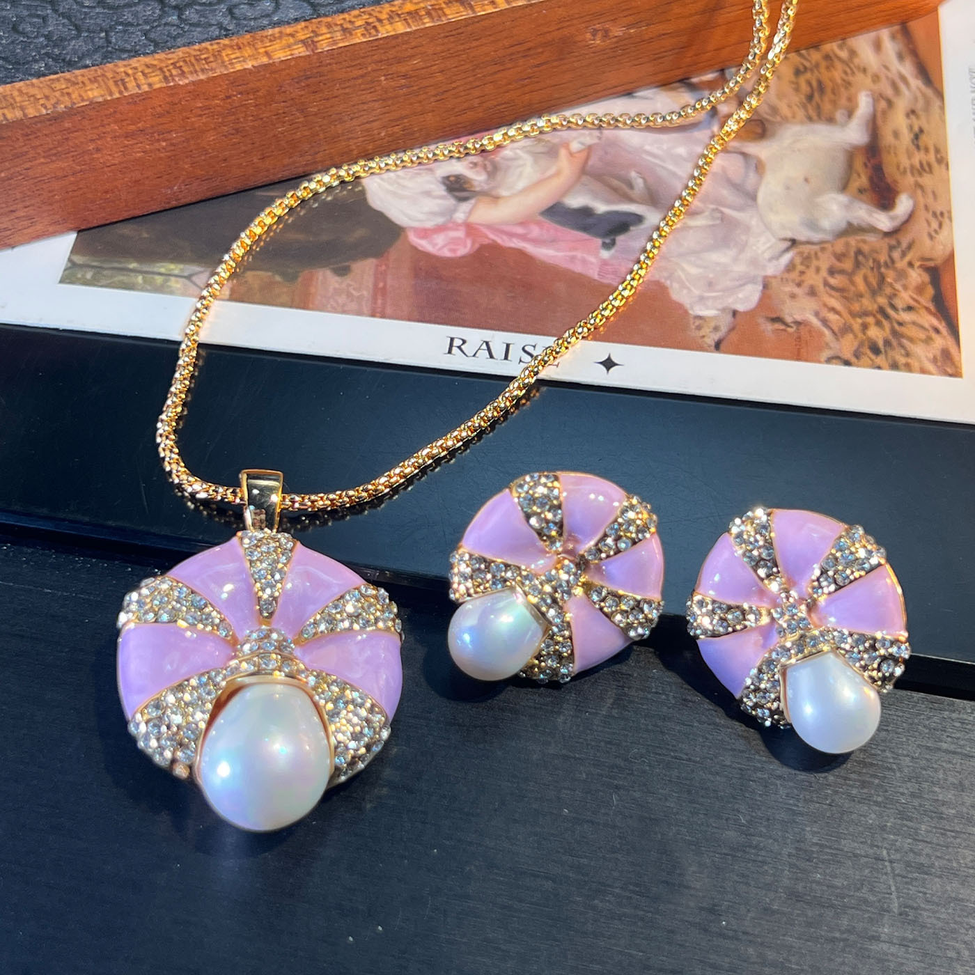 宫廷风滴油紫色复古vintage珍珠首饰套装 秋冬百搭高级感项链耳饰