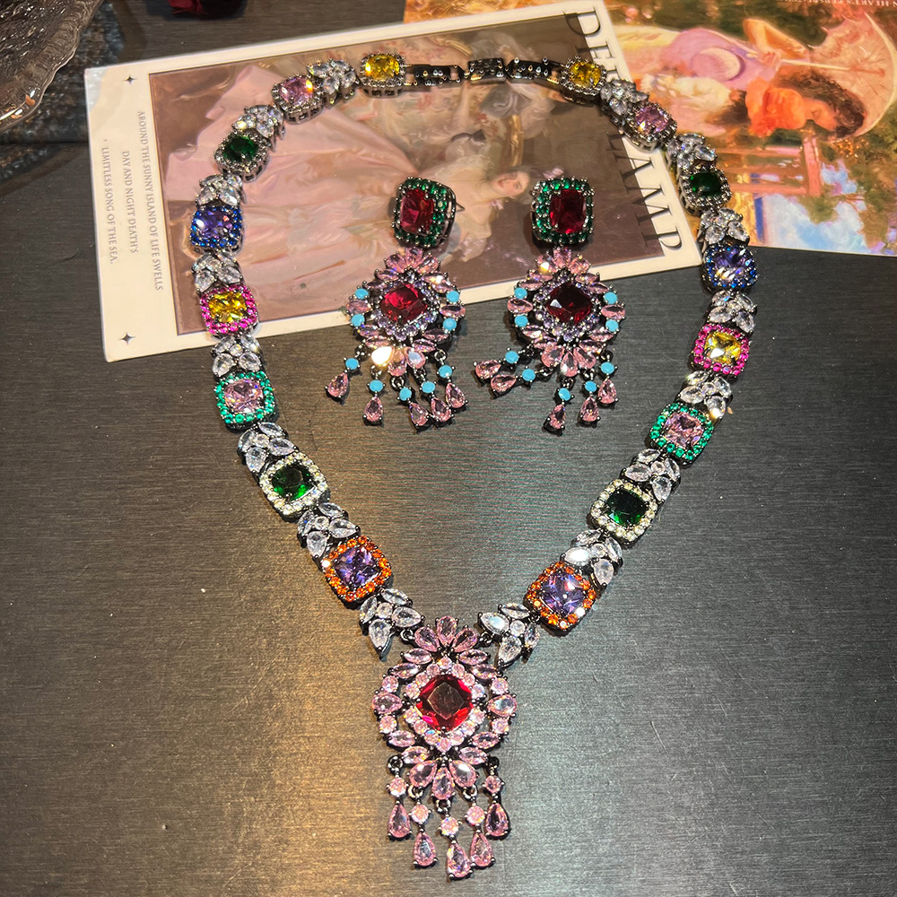 欧美重工彩宝高碳首饰套装 跨境热销礼服时尚高端印巴项链耳饰女