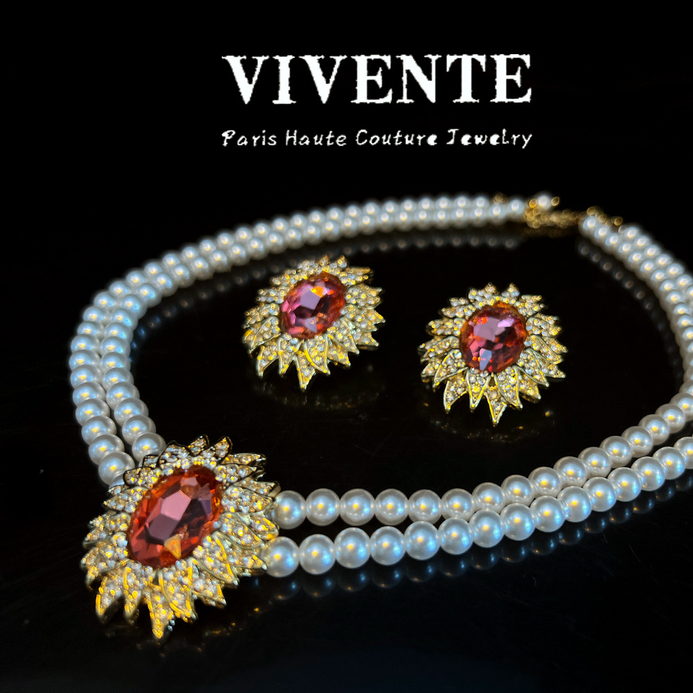 中古首饰套装双层粉色镶钻珍珠 vintage镀真金欧美跨境高级感项链