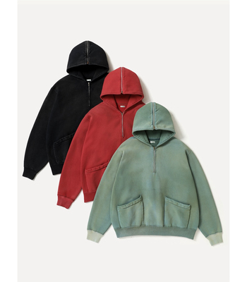 春夏新款复古水洗半拉链帽衫