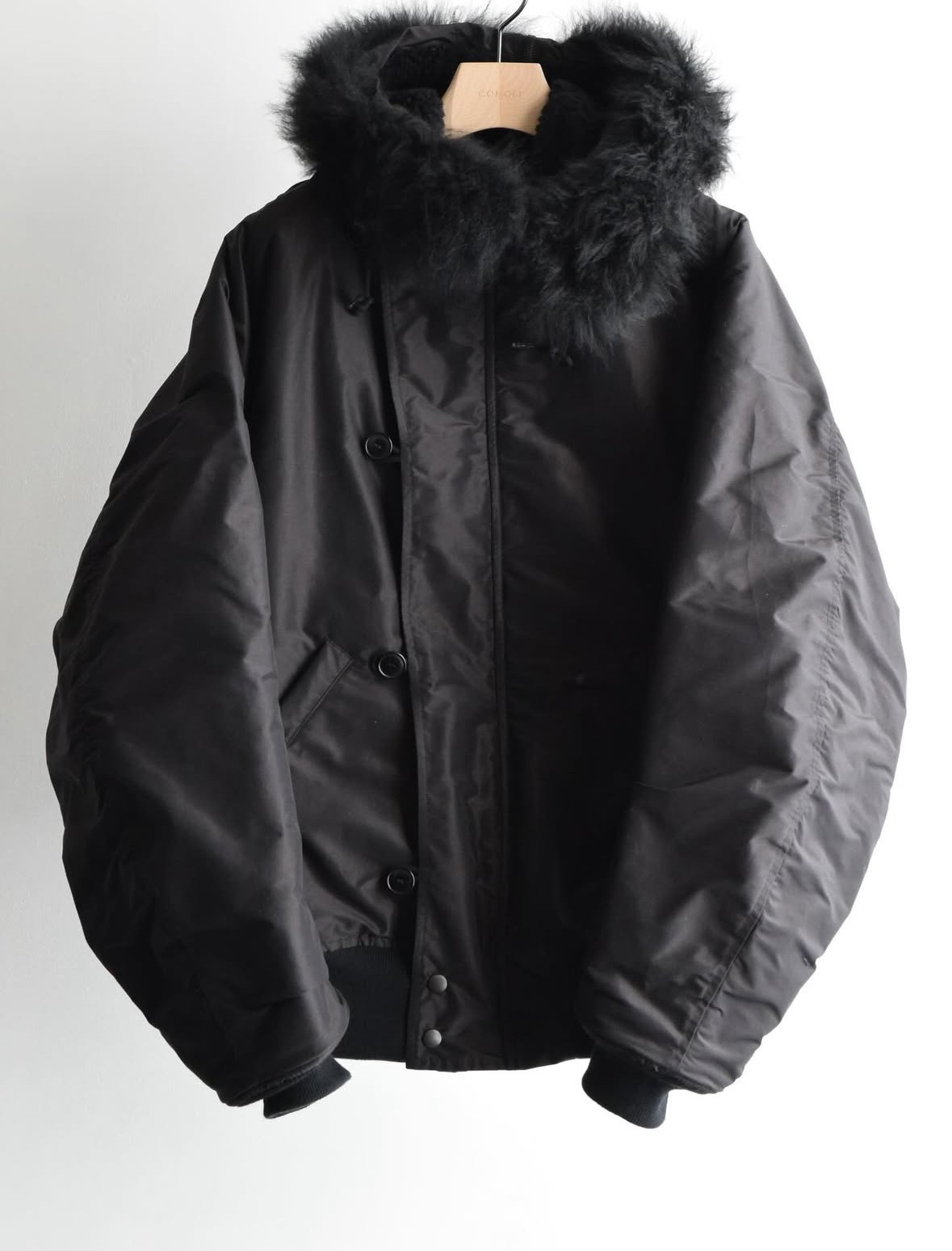 【代购】COMOLI 25aw Military hooded coat棉丝混纺毛领军工大衣