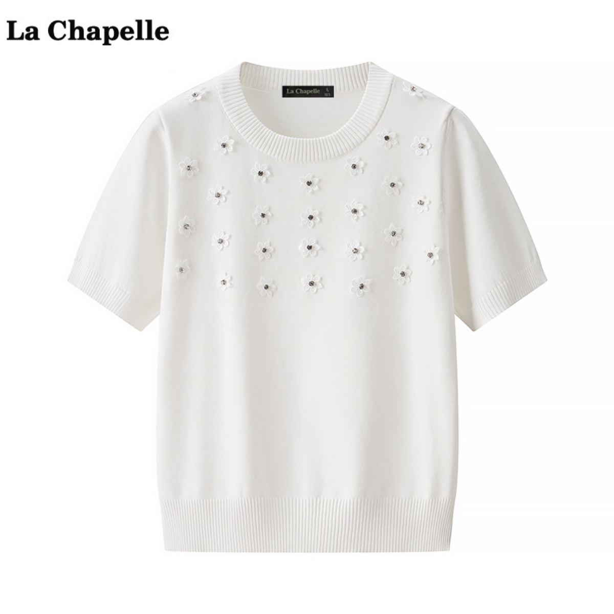 拉夏贝尔/La Chapelle甜美花朵钉珠冰丝针织短袖女夏新款通勤上衣