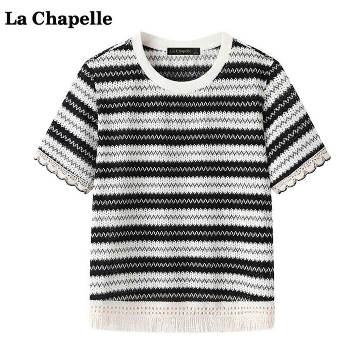 拉夏贝尔/La Chapelle流苏条纹针织T恤女夏新款宽松正肩圆领短袖
