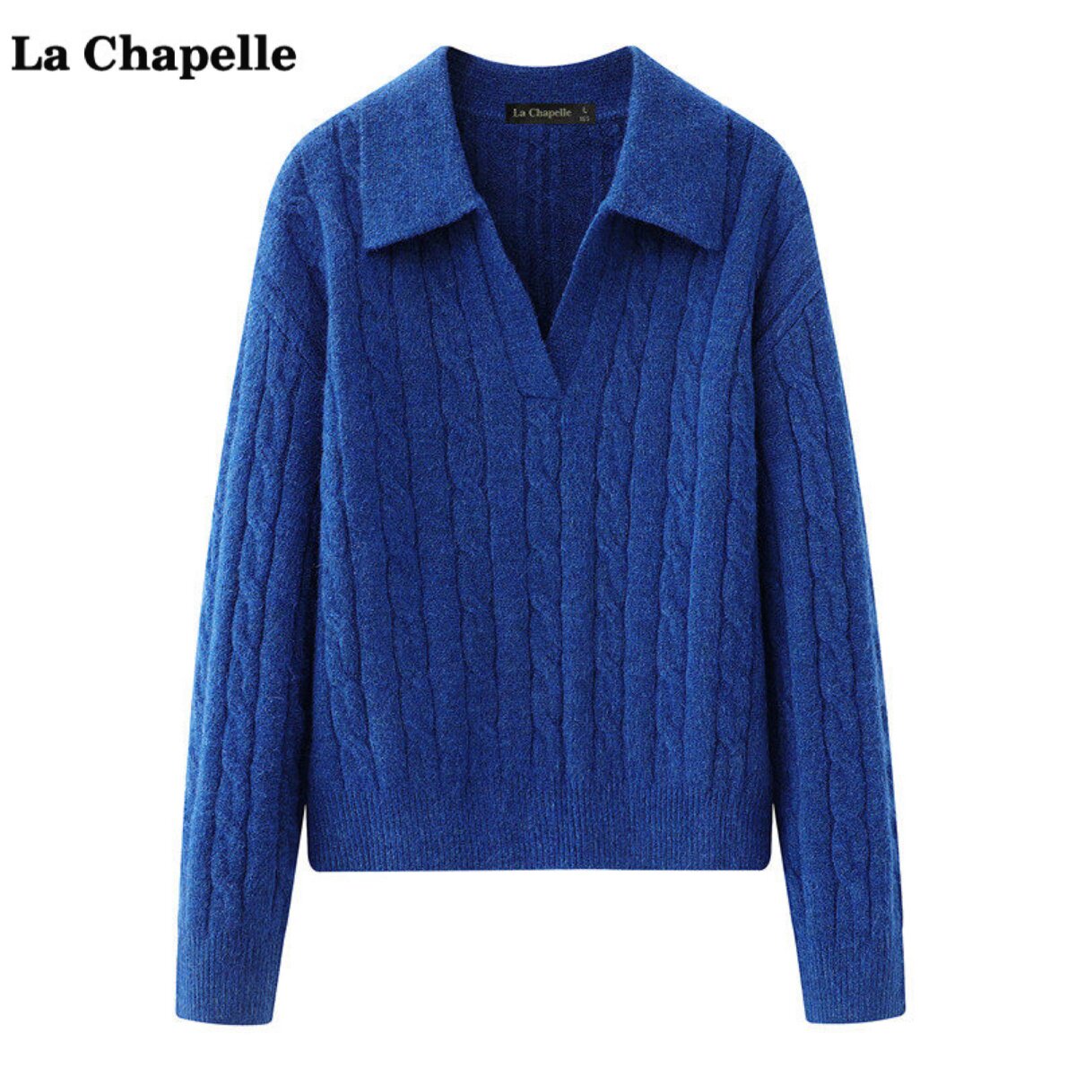 拉夏贝尔/La Chapelle复古风麻花纹V领针织衫女秋冬气质百搭毛衣