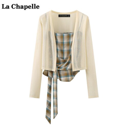拉夏贝尔/La Chapelle韩系格纹系带吊带薄款开衫女夏季防晒两件套