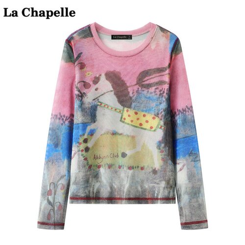 拉夏贝尔/La Chapelle美式涂鸦长袖T恤女夏宽松印花百搭显瘦小衫