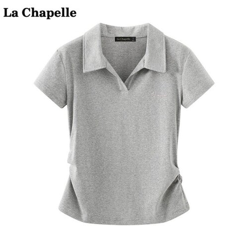 拉夏贝尔/La Chapelle休闲风V领T恤女夏季新款修身显瘦翻领短袖