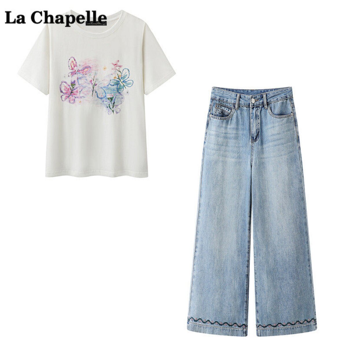 拉夏贝尔/La Chapelle蝴蝶晕染印花短恤牛仔裤女夏季休闲两件套