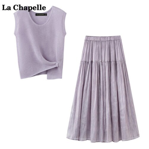 拉夏贝尔/La Chapelle温柔风套装女夏季镂空针织上衣半身裙两件套