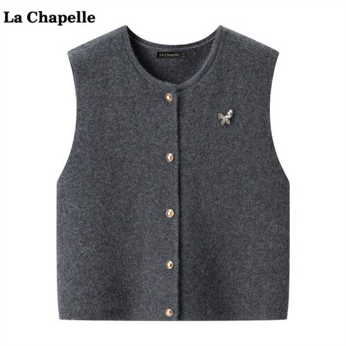 拉夏贝尔/La Chapelle韩版圆领针织马甲女无袖开衫金属扣外搭坎肩