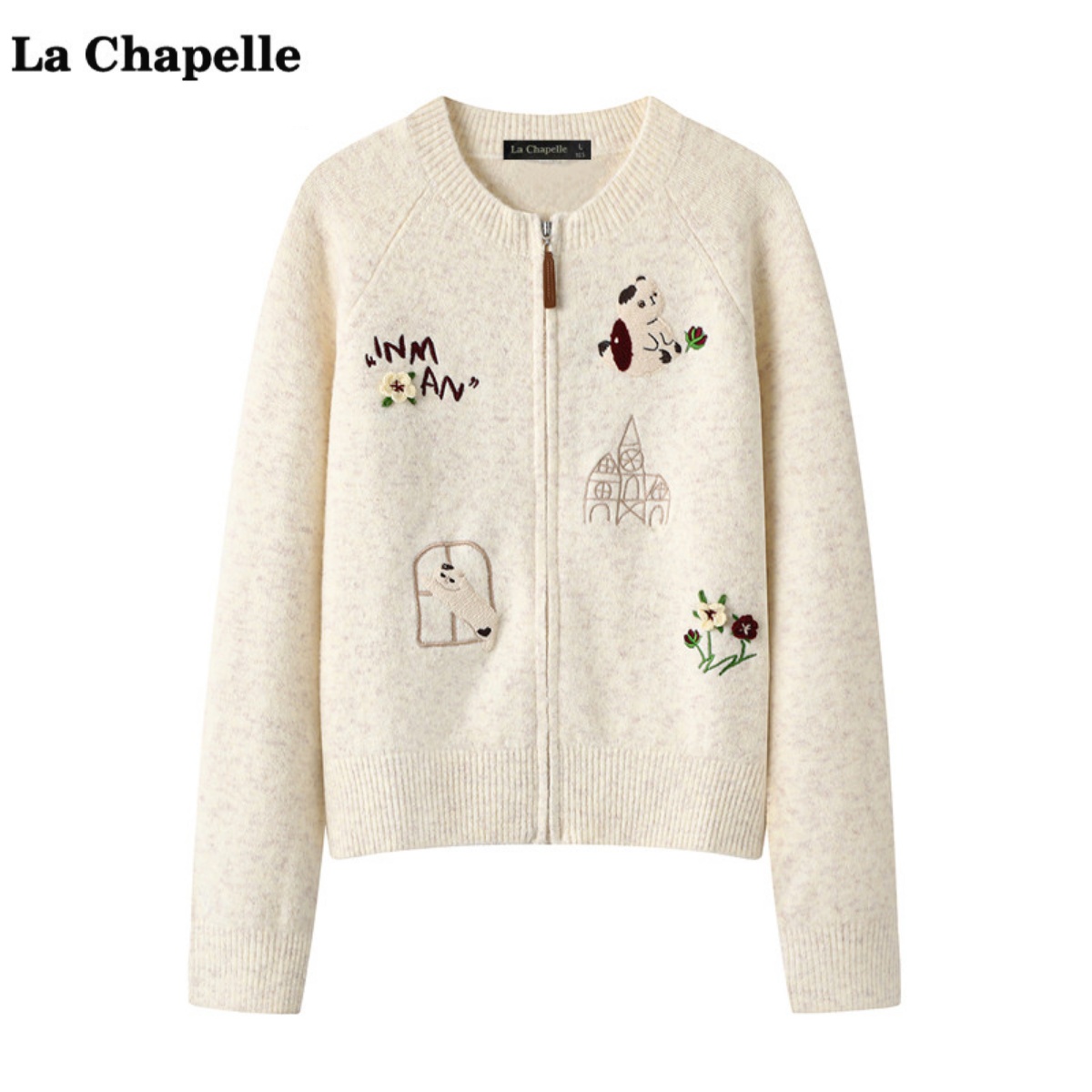 拉夏贝尔/La Chapelle时尚趣味刺绣针织开衫女秋新款减龄毛衣外套