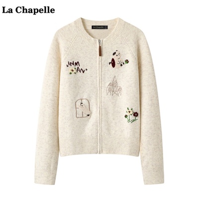拉夏贝尔/La Chapelle时尚趣味刺绣针织开衫女秋新款减龄毛衣外套
