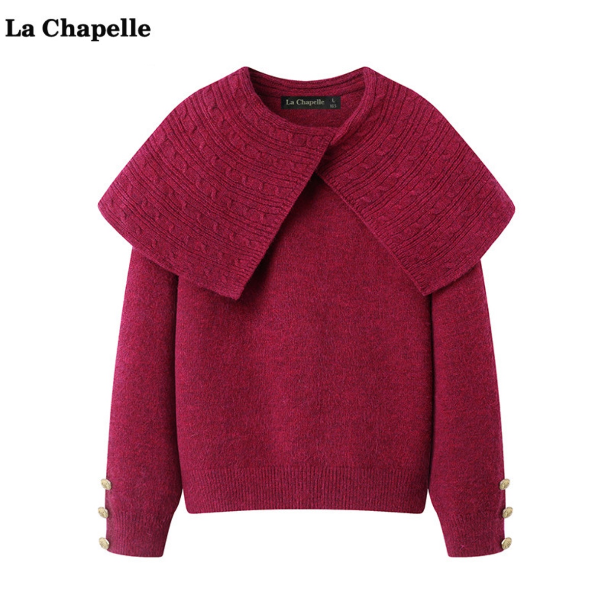 拉夏贝尔/La Chapelle大翻领宽松玫红色针织衫女2025春新款毛衣