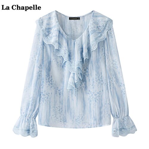 拉夏贝尔/La Chapelle气质荷叶边V领小衫女春新款喇叭袖显瘦上衣