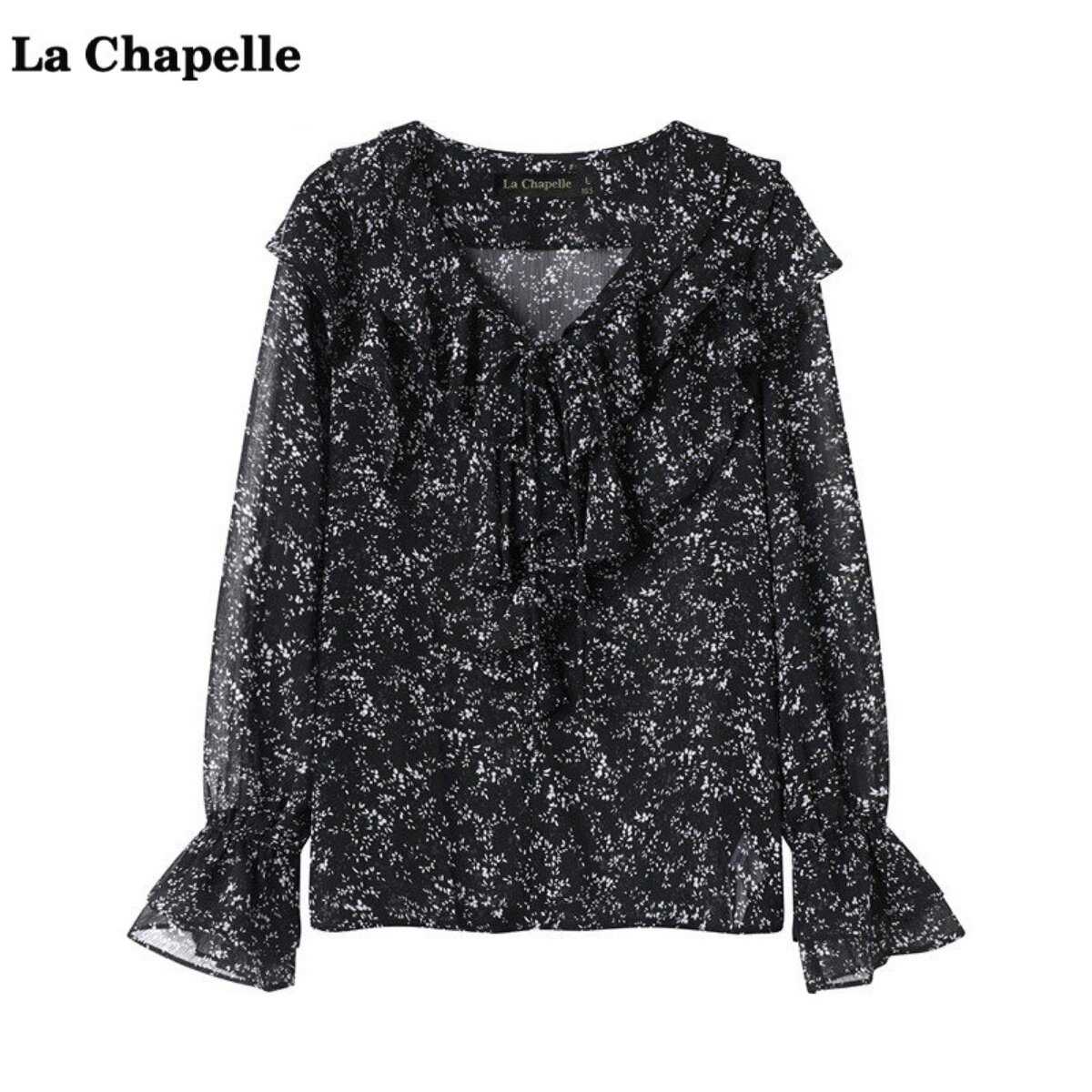 拉夏贝尔/La Chapelle碎花雪纺长袖衬衫秋新款气质V领荷叶边小衫