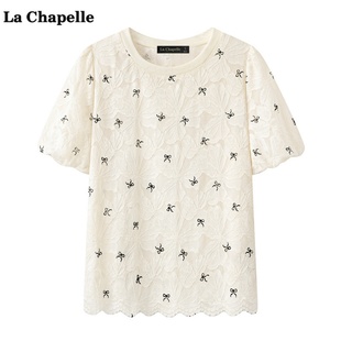 减龄甜美小衫 拉夏贝尔 T恤女夏新款 Chapelle蝴蝶结蕾丝泡泡袖