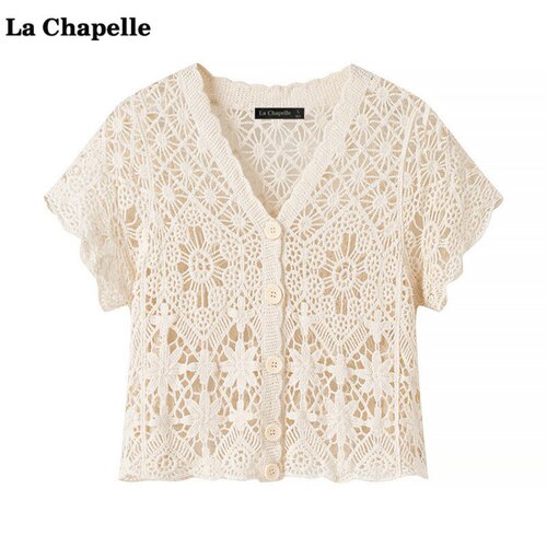 拉夏贝尔/La Chapelle冰丝钩花镂空针织开衫女夏季薄款百搭小衫