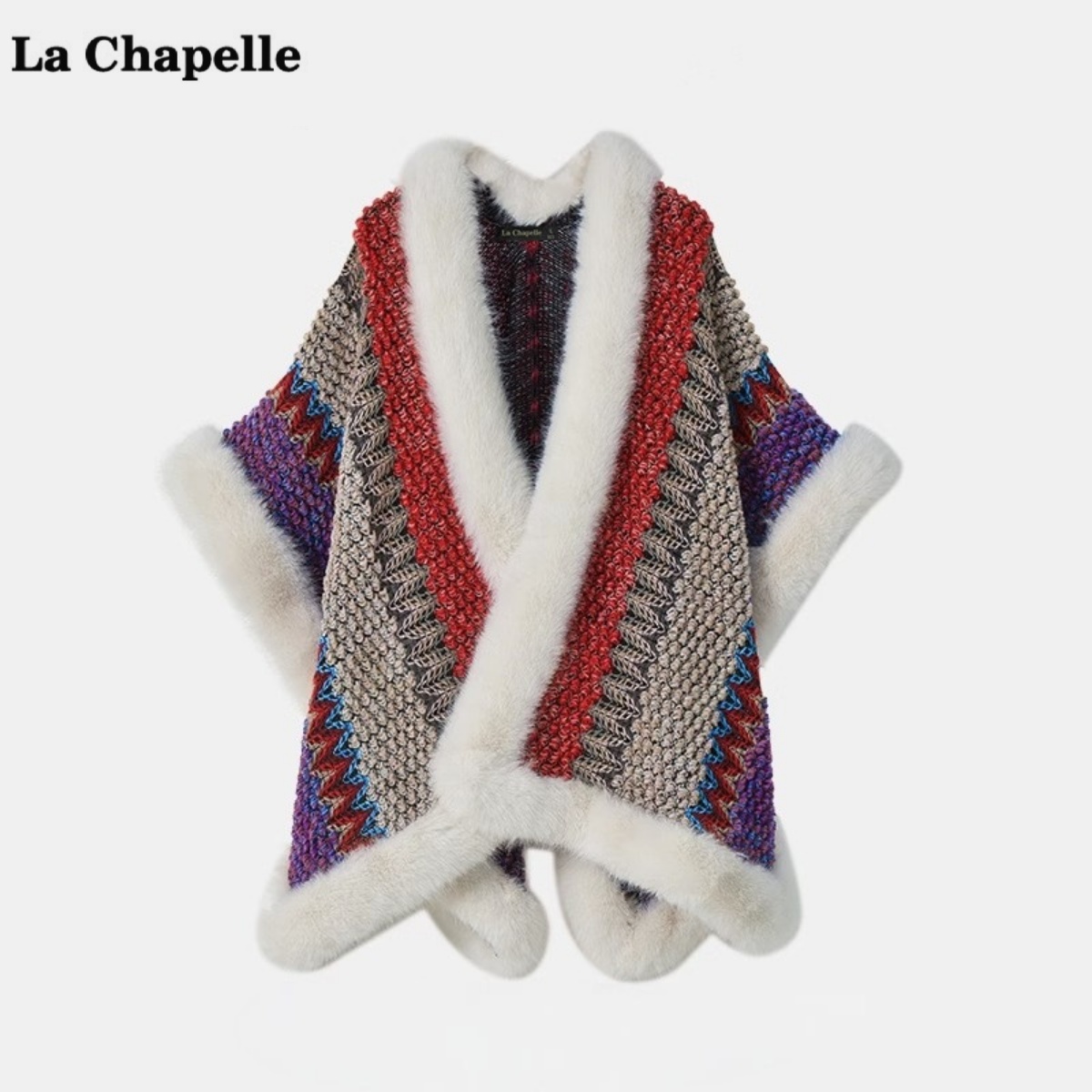 拉夏贝尔/La Chapelle秋冬民族风披肩女加厚毛毛领斗篷式外搭围巾