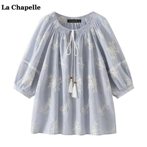 拉夏贝尔/La Chapelle波西米亚风条纹刺绣衬衫女夏新款宽松小衫