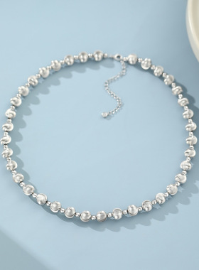 S925纯银磨砂拉丝圆珠猫眼银珠项链极简风轻奢设计气质锁骨链套装