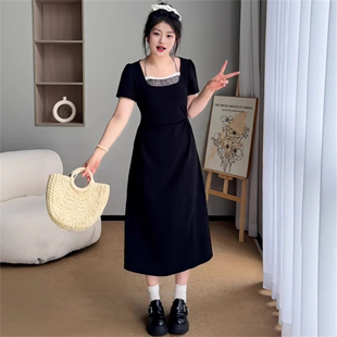 法式 微胖MM显瘦收腰假两件裙子 气质拼接格子挂脖连衣裙女夏季 大码