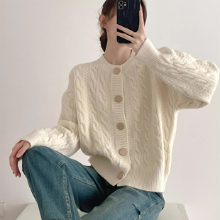韩系宽松复古麻花毛衣外套女秋季 大码 微胖MM显瘦宽松遮肉针织开衫