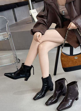 【支持退换】2025冬季新款牛油皮方头粗跟靴987-35SSNR 12.1