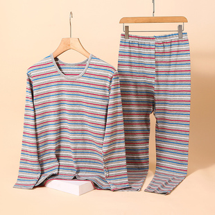 宽松中老年薄款 弹力宽条纹线衣线裤 保暖内衣 套装 女莱卡棉秋衣秋裤