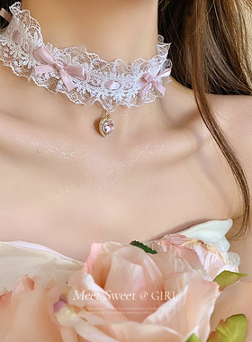 粉色蝴蝶结蕾丝颈带choker颈饰项圈性感颈链高级感项链脖子配饰女