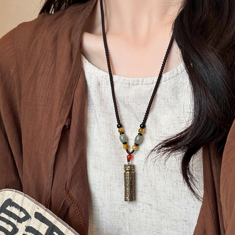 新中式可打开嘎乌盒黄铜吊坠项链女2025新款民族风挂绳毛衣链配饰