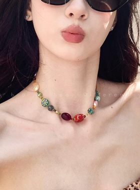 彩色多巴胺琉璃串珠项链女度假风做旧星星锁骨链高级复古颈链配饰