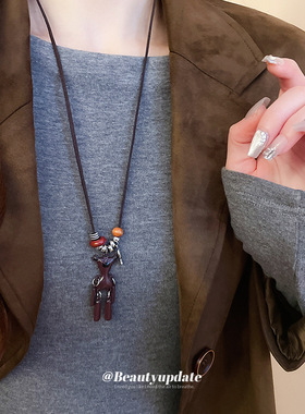 复古可爱吊坠挂绳t恤项链小熊长款配饰女小众衣服挂饰脖子毛衣链