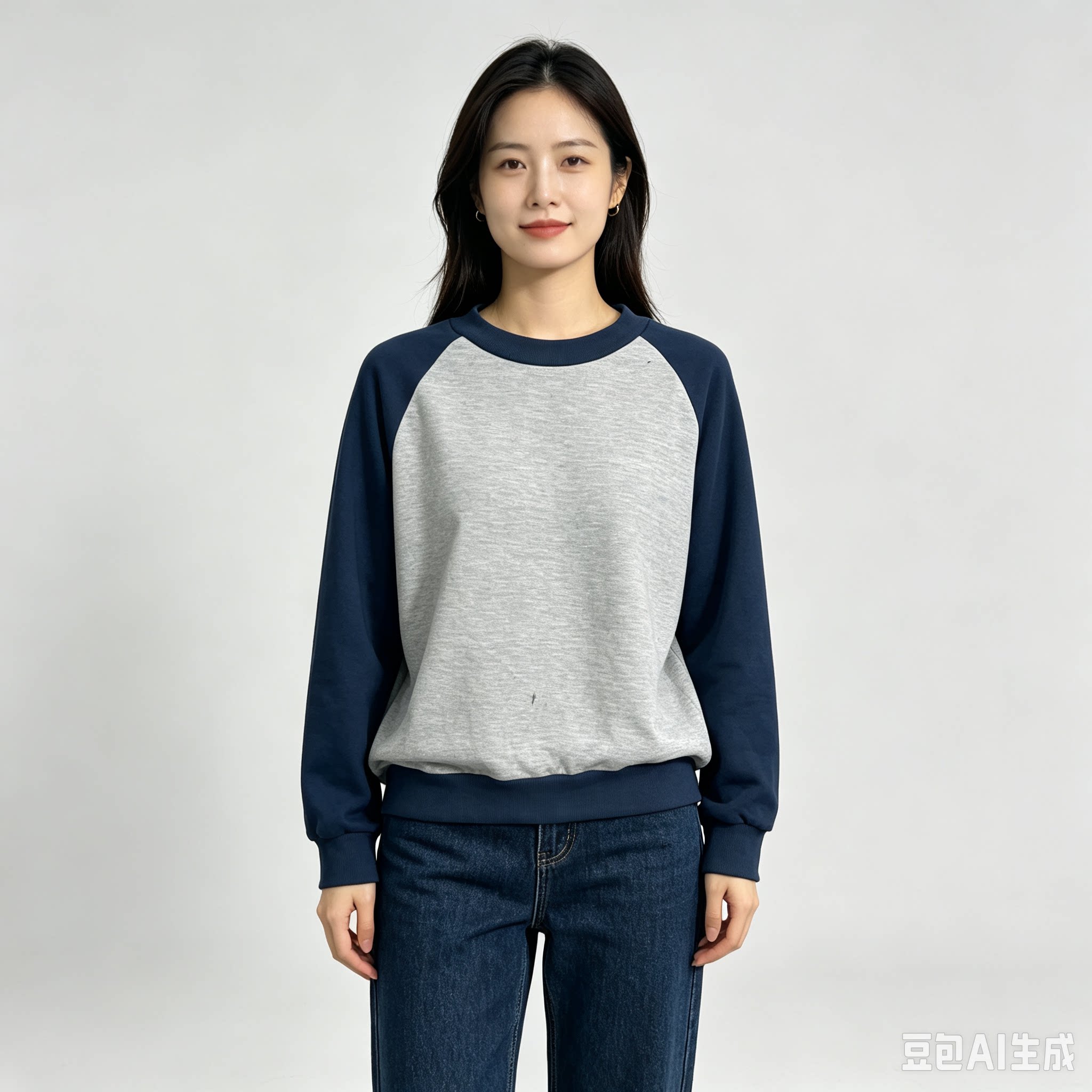 日系复古简约撞色插肩袖圆领卫衣男女春秋薄款宽松百搭高级感上衣