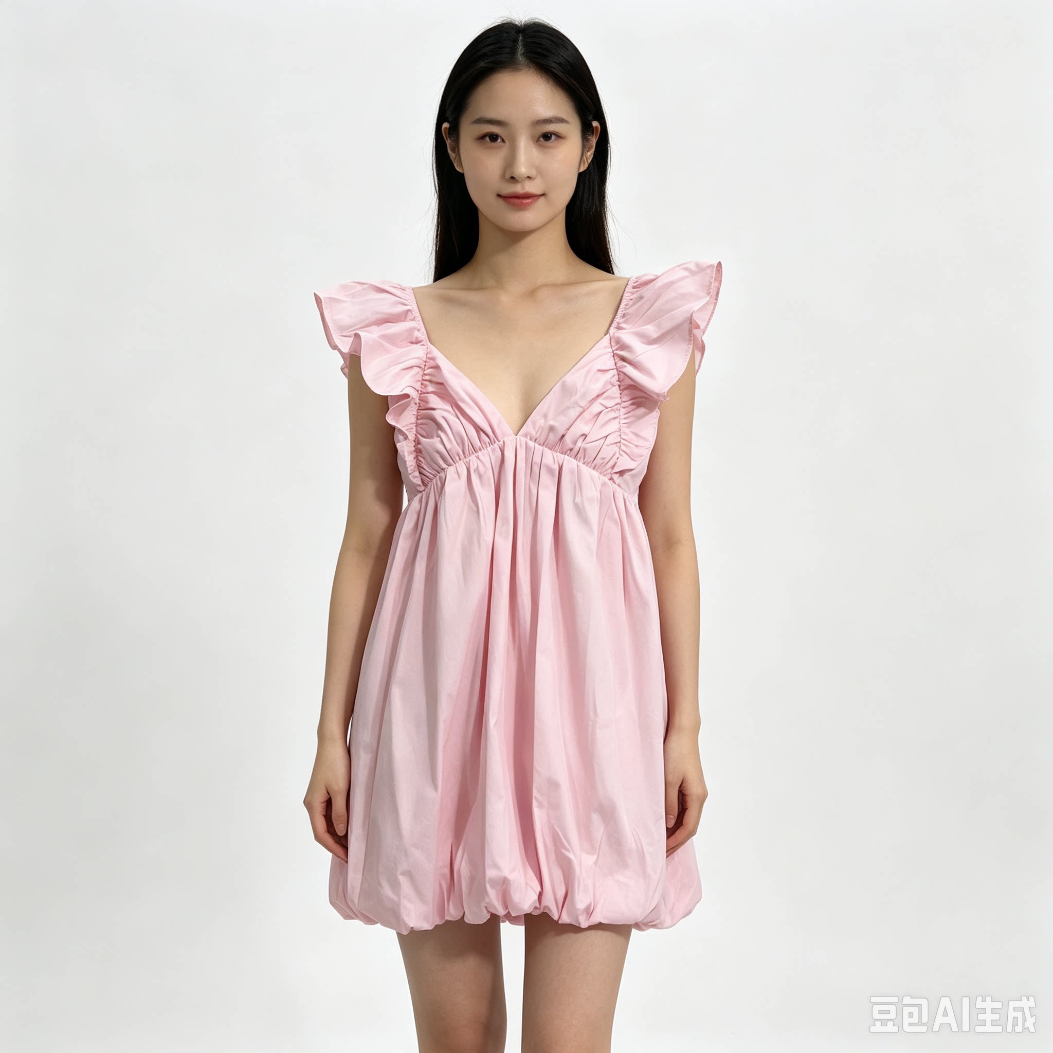 欧美清新甜美清纯蝴蝶结设计褶皱飞飞袖连衣裙大码大小姐可爱时尚