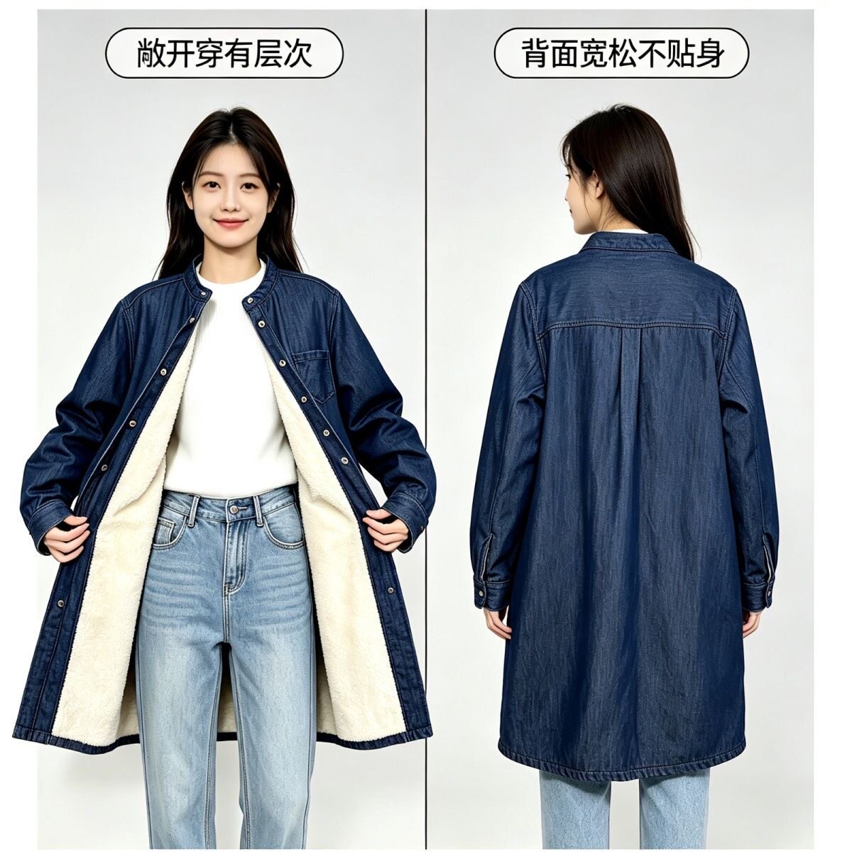 日本单简约牛仔衬衫加绒秋冬女春新款无领休闲宽松上衣衬衣外套