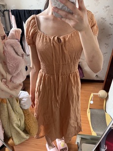 可爱显瘦度假收腰欧美原单泡泡纱全棉法式复古茶歇裙众短袖连衣裙