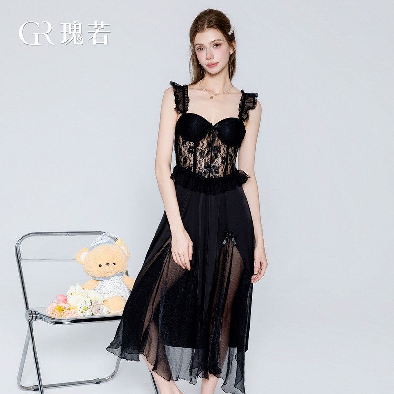 加甜美睡裙钢圈女士瑰网纱长款
