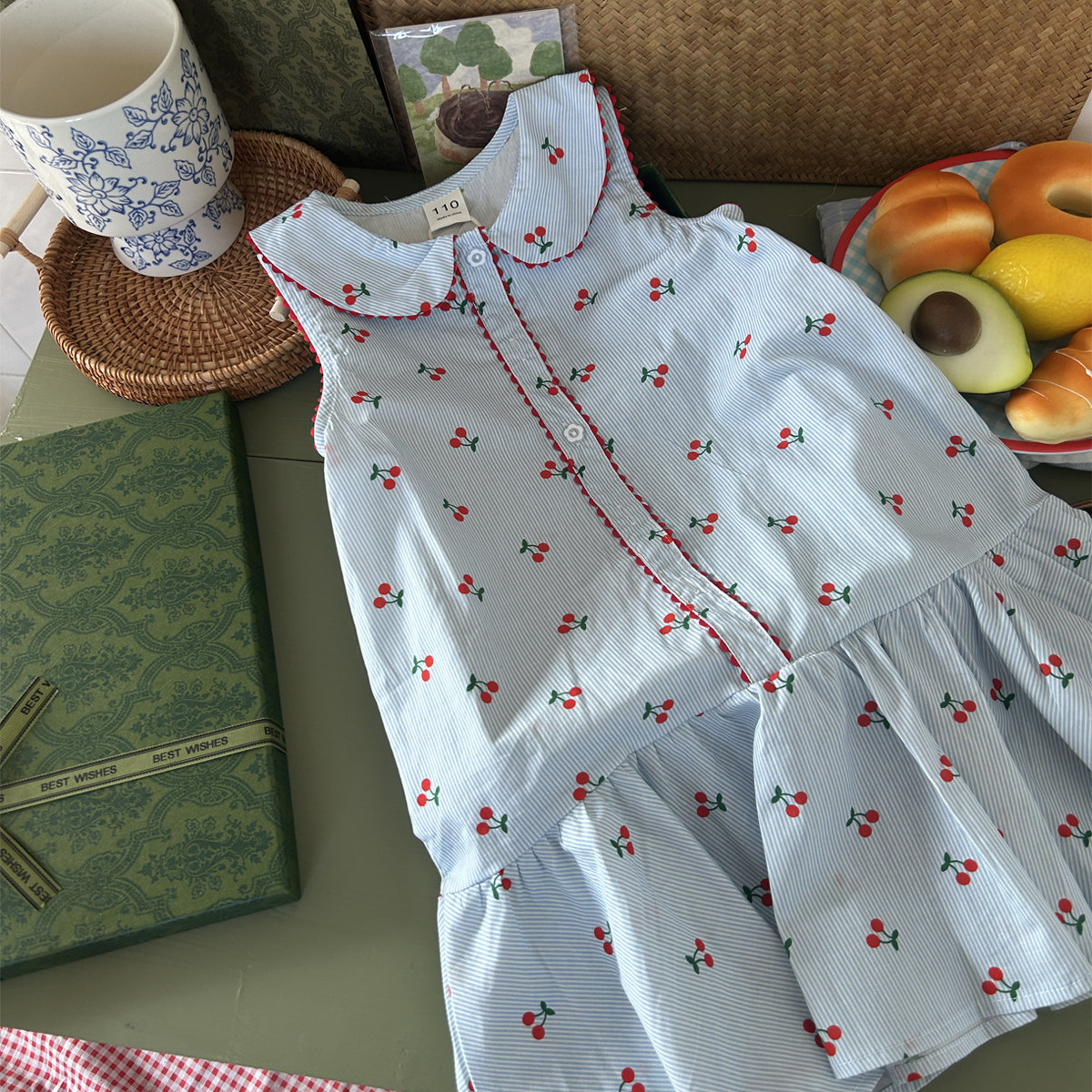 【氛围~夏】娃娃领花边撞色女童连衣裙