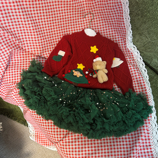 【圣诞小熊】女童圣诞红色小熊毛衣秋冬保暖宝宝凸凸裙子两件套装
