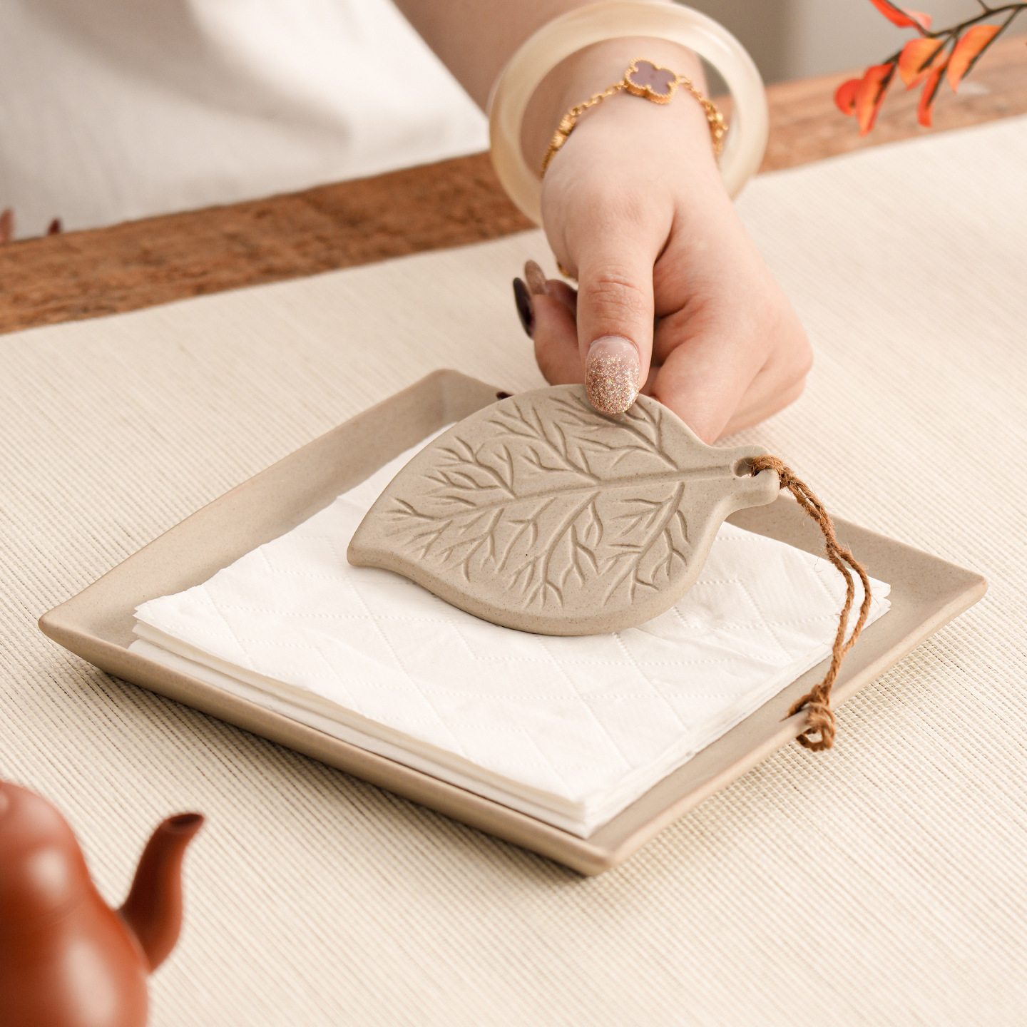 禅意粗陶抽纸盘中古风定点纸巾架