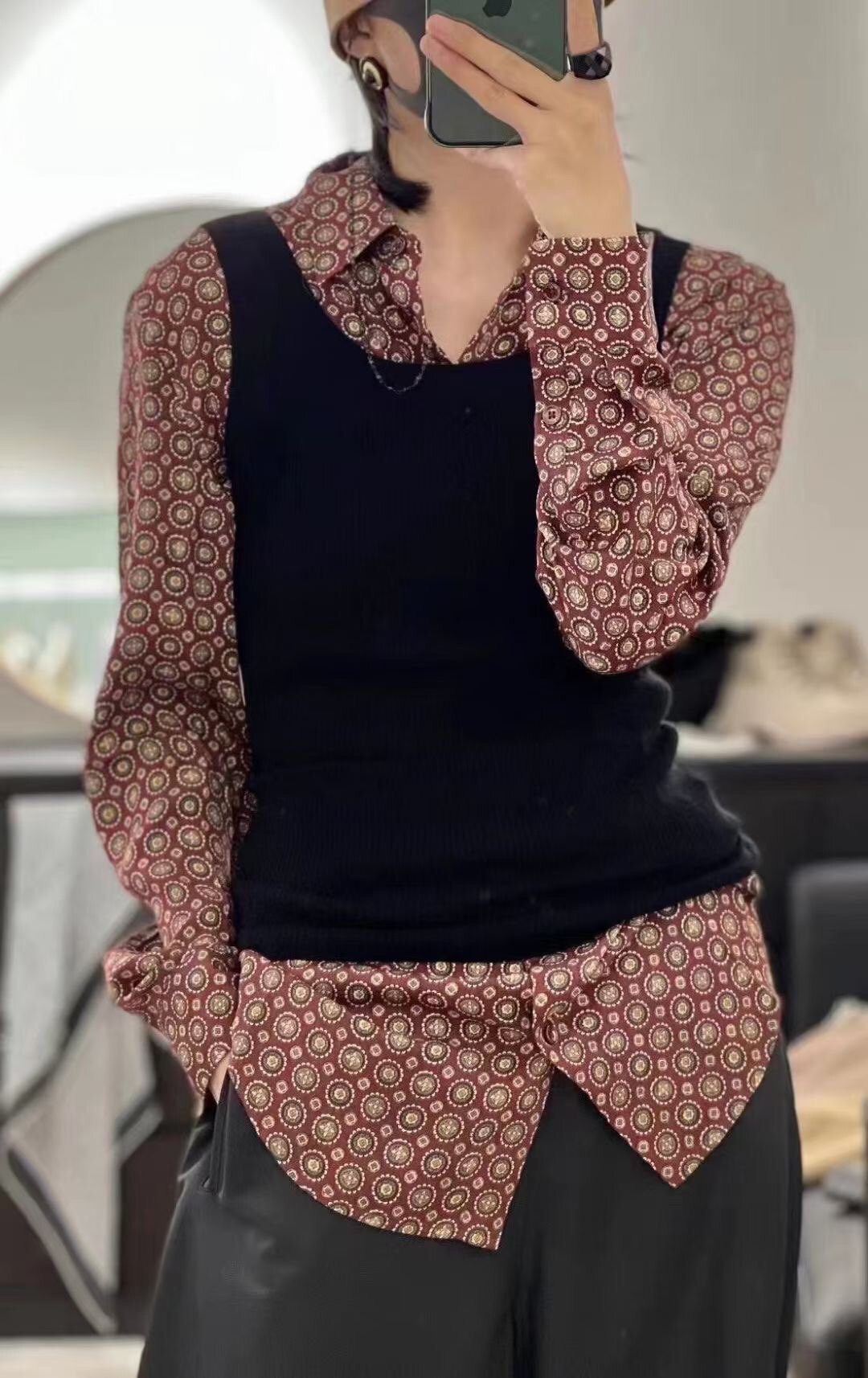 高端弹力真丝 定染印花 复古摩登！女翻领长袖宽松中长衬衫
