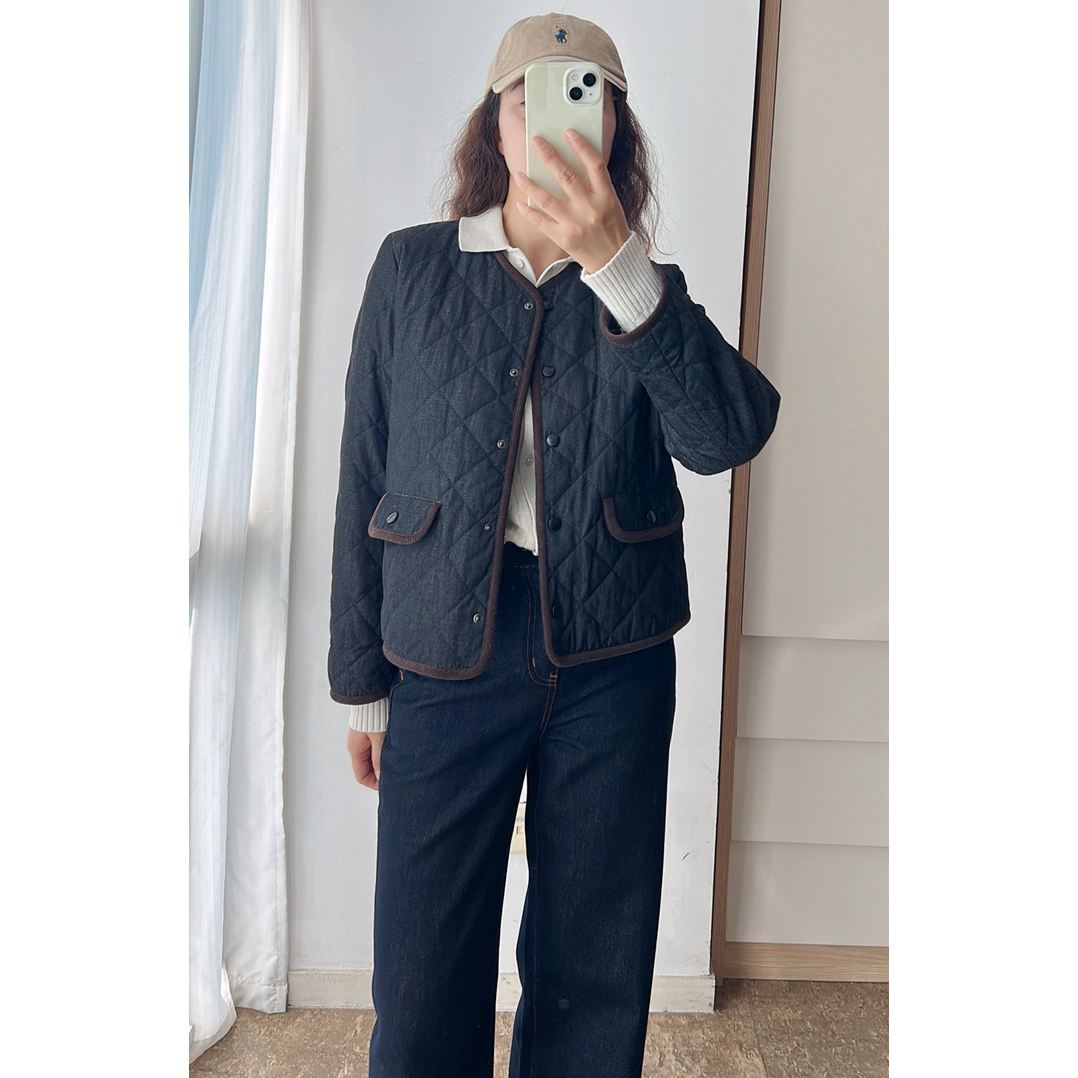 纯棉斜纹牛仔布菱形格夹棉外套