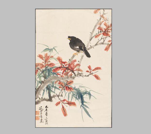 乔木 红枫小鸟 纸本国画 画心 装饰画名人字画宣纸高清微喷复制