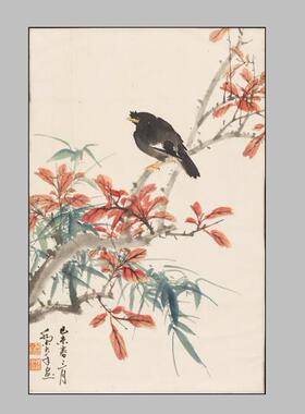 乔木红枫小鸟纸本国画字画宣纸