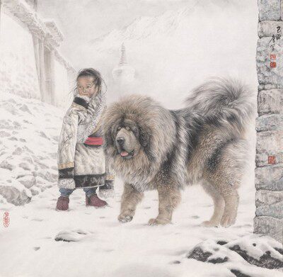 唐坚 雪域岁月藏獒 国画 画心装饰画 名人字画宣纸高清微喷画芯