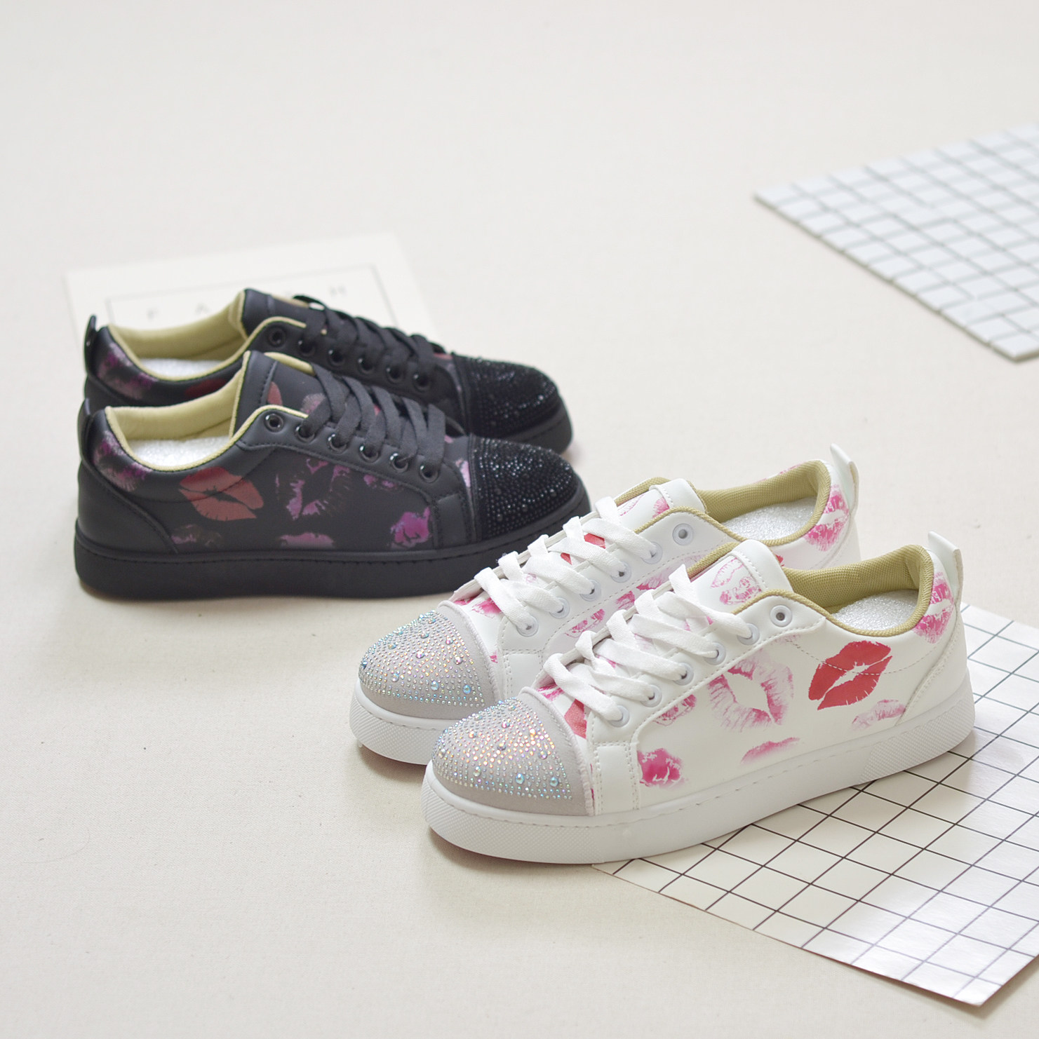 欧洲站轻奢潮牌男女情侣款水钻红唇休闲鞋吻痕CL运动板鞋小白鞋,流行男鞋,休闲板鞋,淘宝优惠券,粉丝福利购,淘宝优惠卷